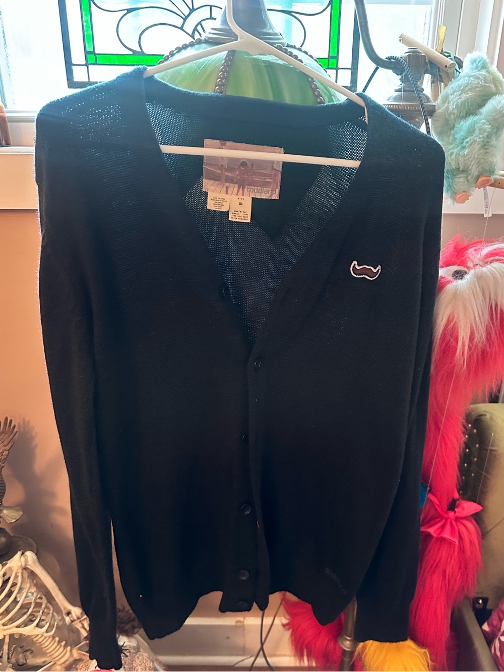 Navy Button-Up Cardigan with Embroidered Patch